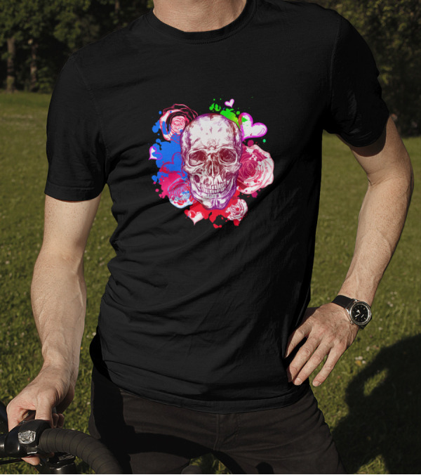 Skull Sketch Multicolor Roses And Hearts T-Shirt