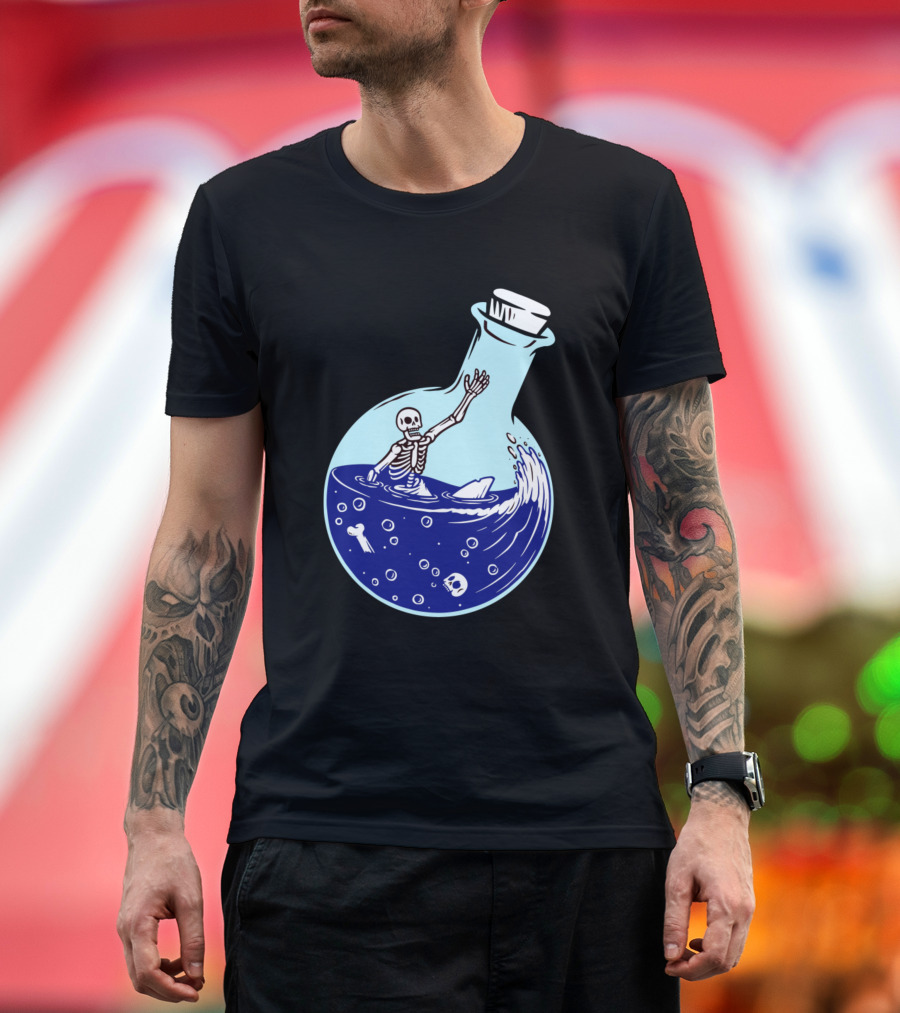 Skull Skeleton in Potion Bottle with Shark Fin and Bones T-Shirt