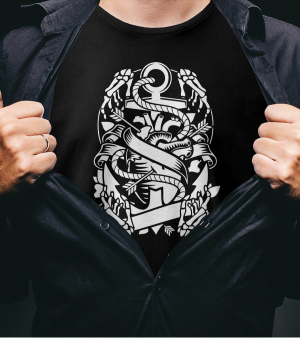 Heart And Anchor Skeleton Floral Embrace T-Shirt