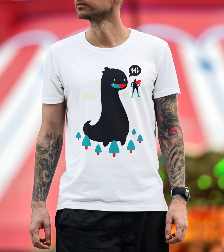 Giant Friendly Dinosaur with Superhero Greeting in Forest Scene T-Shirt