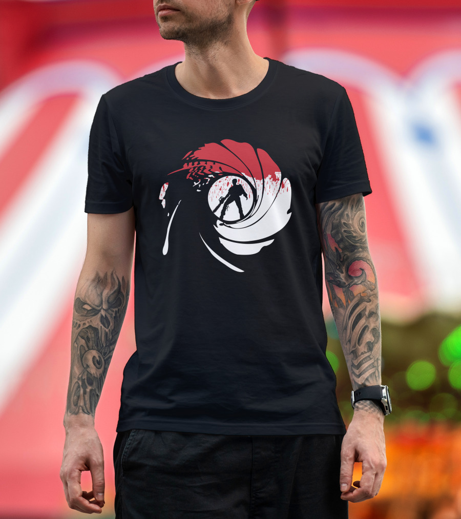 Chainsaws Are Forever Spy Chainsaw Silhouette in Gun Barrel T-Shirt