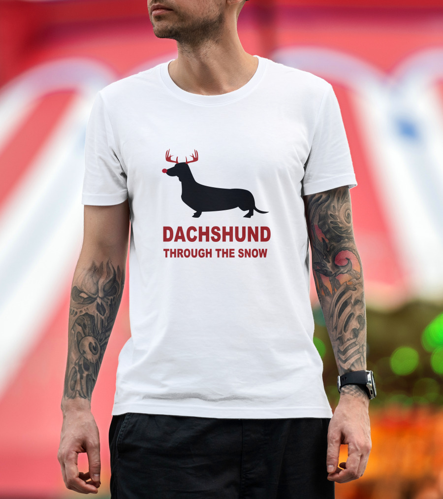 Dachshund Through The Snow Antler Reindeer Silhouette Red Nose T-Shirt