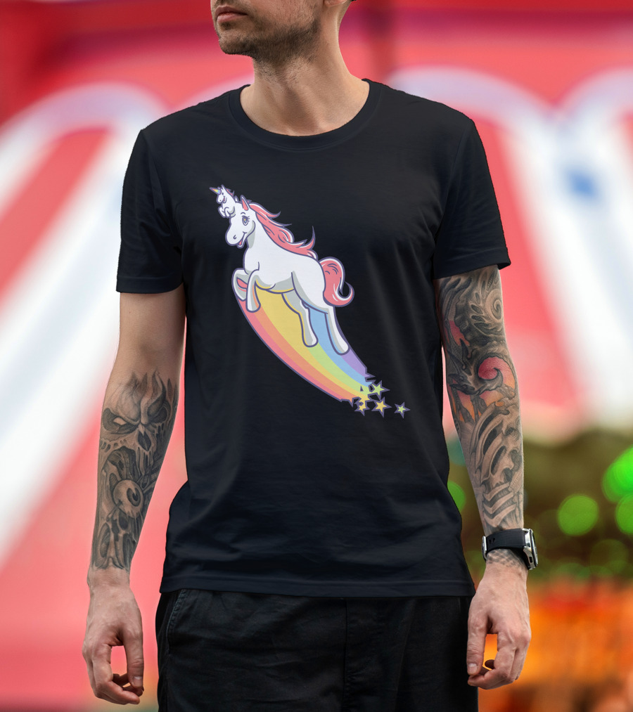 Unicorn With Baby Unicorn Riding Rainbow Trail with Stars T-Shirt