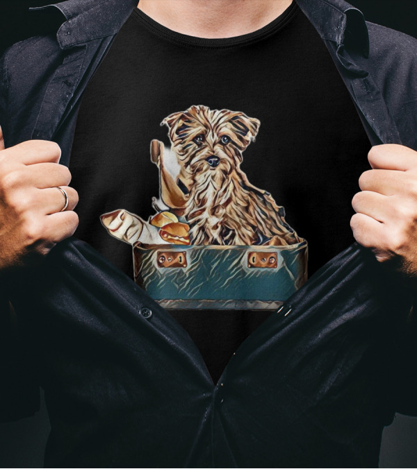 A Small Breed Dog In A Travel Suitcase With Bread And Sausage T-Shirt