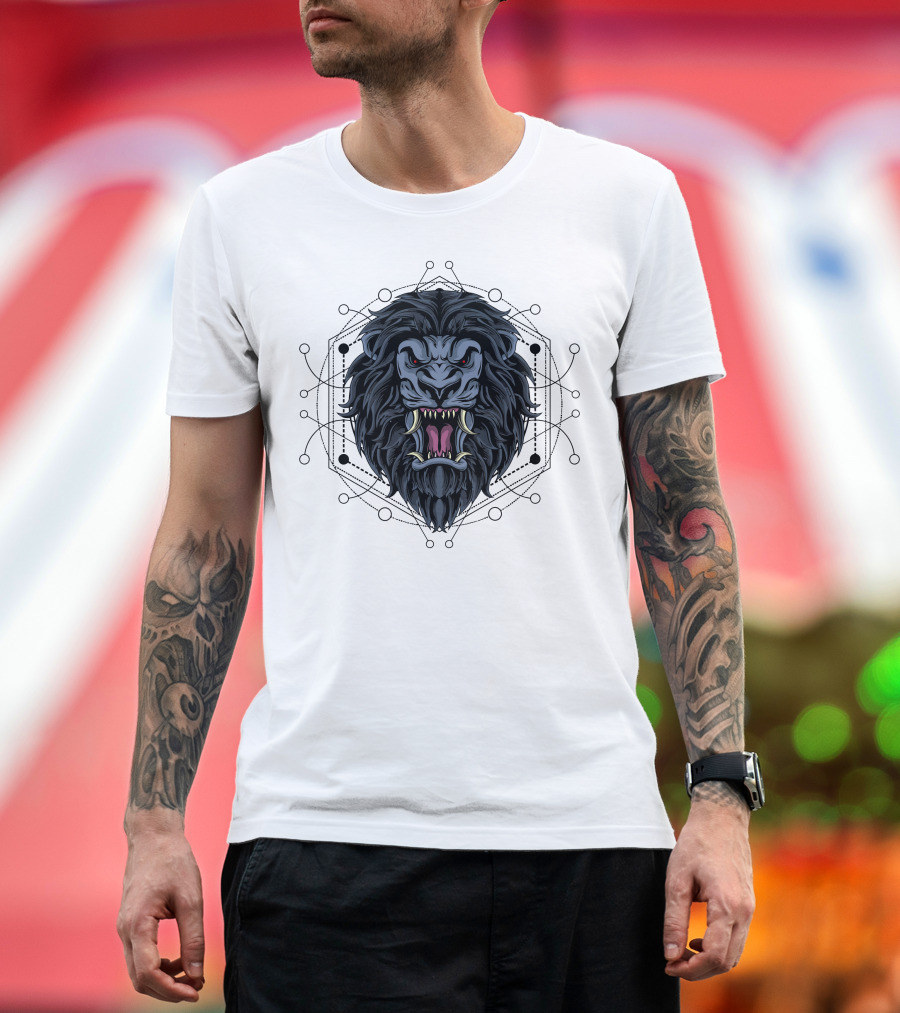 Epic Dark Lion Geometric Symbol Fierce Head T-Shirt