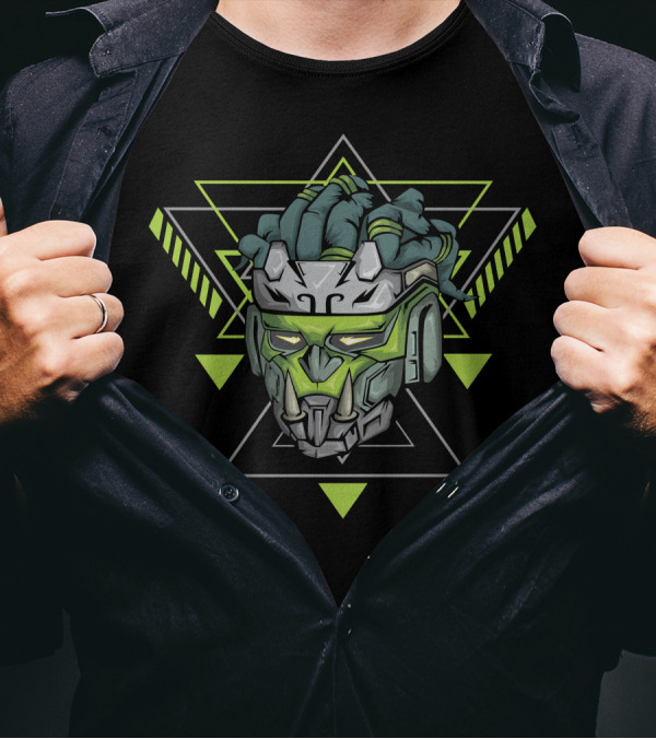 Monkey Robot Geometric Green Cyber Head T-Shirt