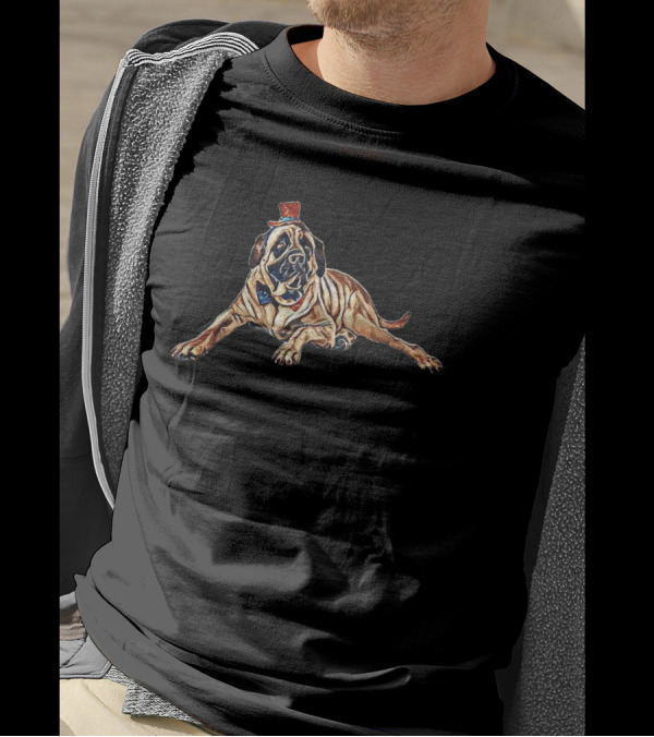 A Funny Photo Of A Large English Mastiff Wearing A Small Red Hat T-Shirt