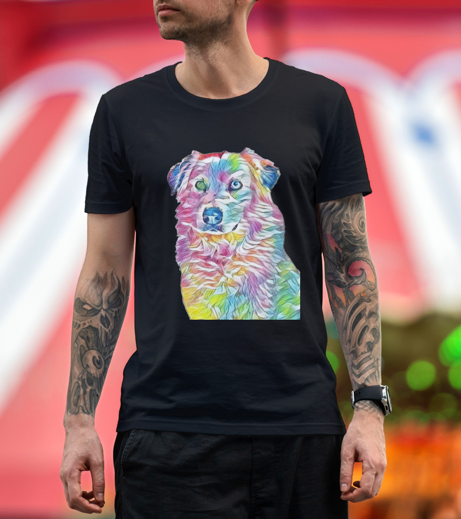 A Head Shot Of An Australian Shepherd in Vibrant Colors T-Shirt