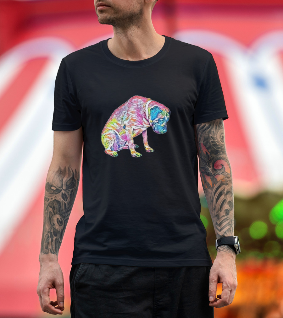 A Large Colorful Mastiff Dog Sitting in Vibrant Rainbow T-Shirt