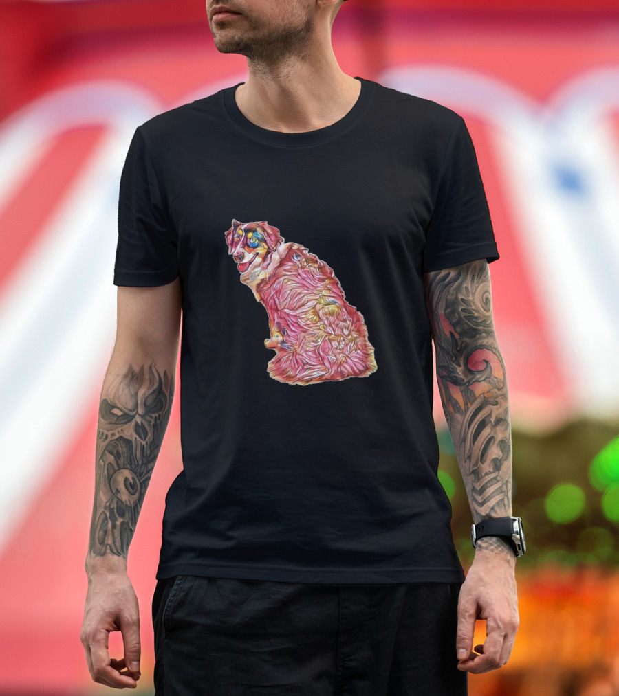An Attentive Australian Shepherd Sitting Colorful T-Shirt