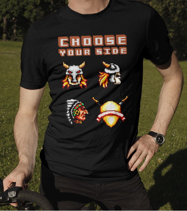 Choose Your Side Pixel Art Skull Duck Indian Shield Swords T-Shirt