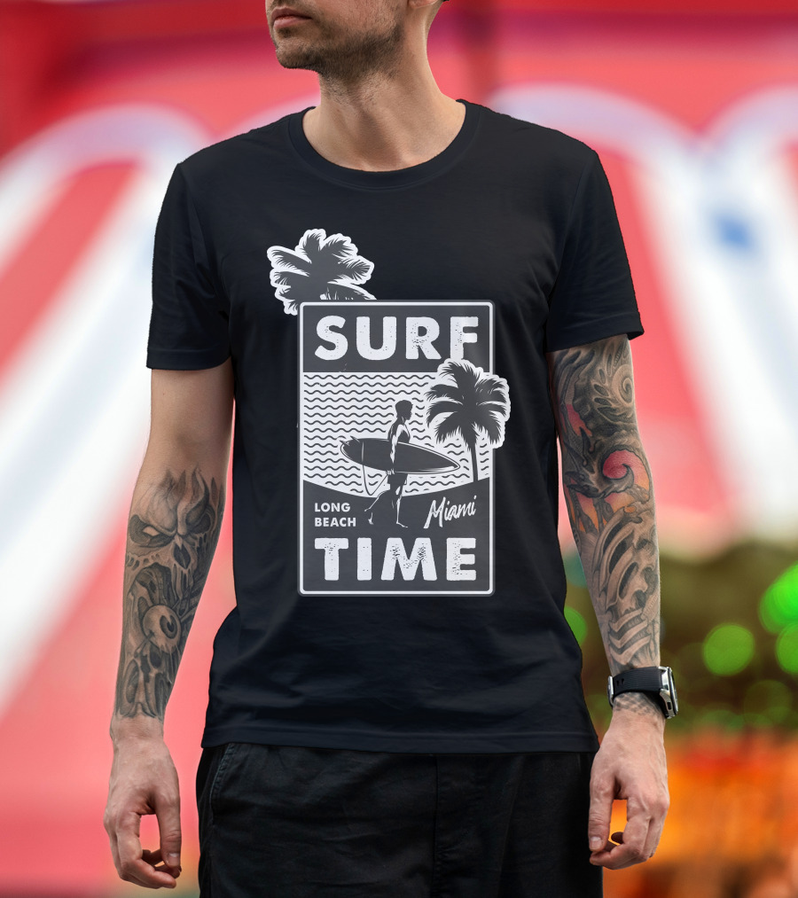 Surf Time Long Beach Miami Surfboard Palms T-Shirt
