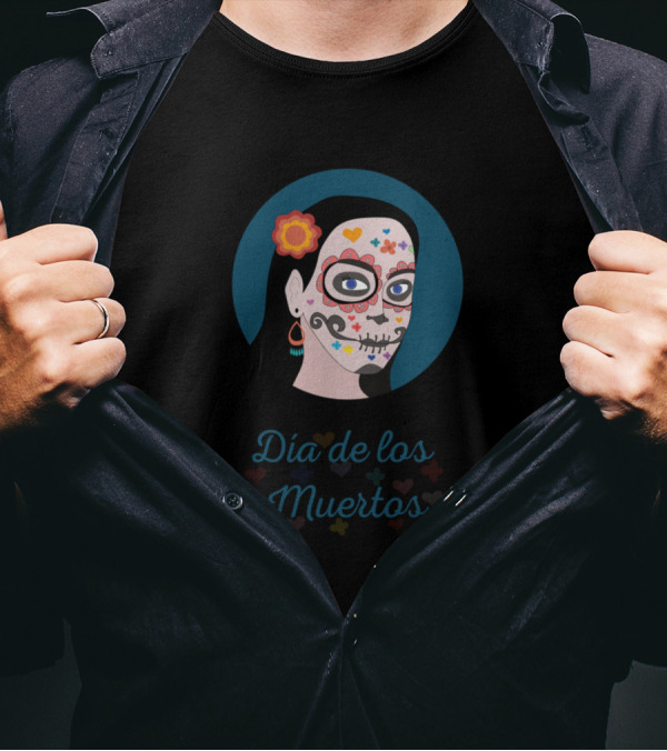 Día De Los Muertos Sugar Skull Face With Floral T-Shirt
