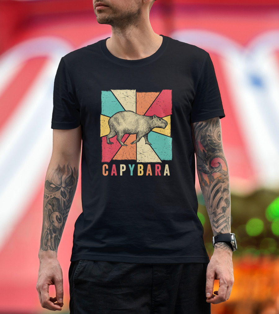 Retro Vintage Style Capybara Colorful Geometric Patchwork T-Shirt