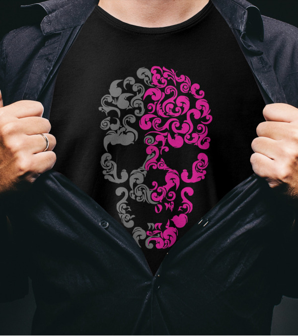 Intricate Pink And Grey Skull T-Shirt