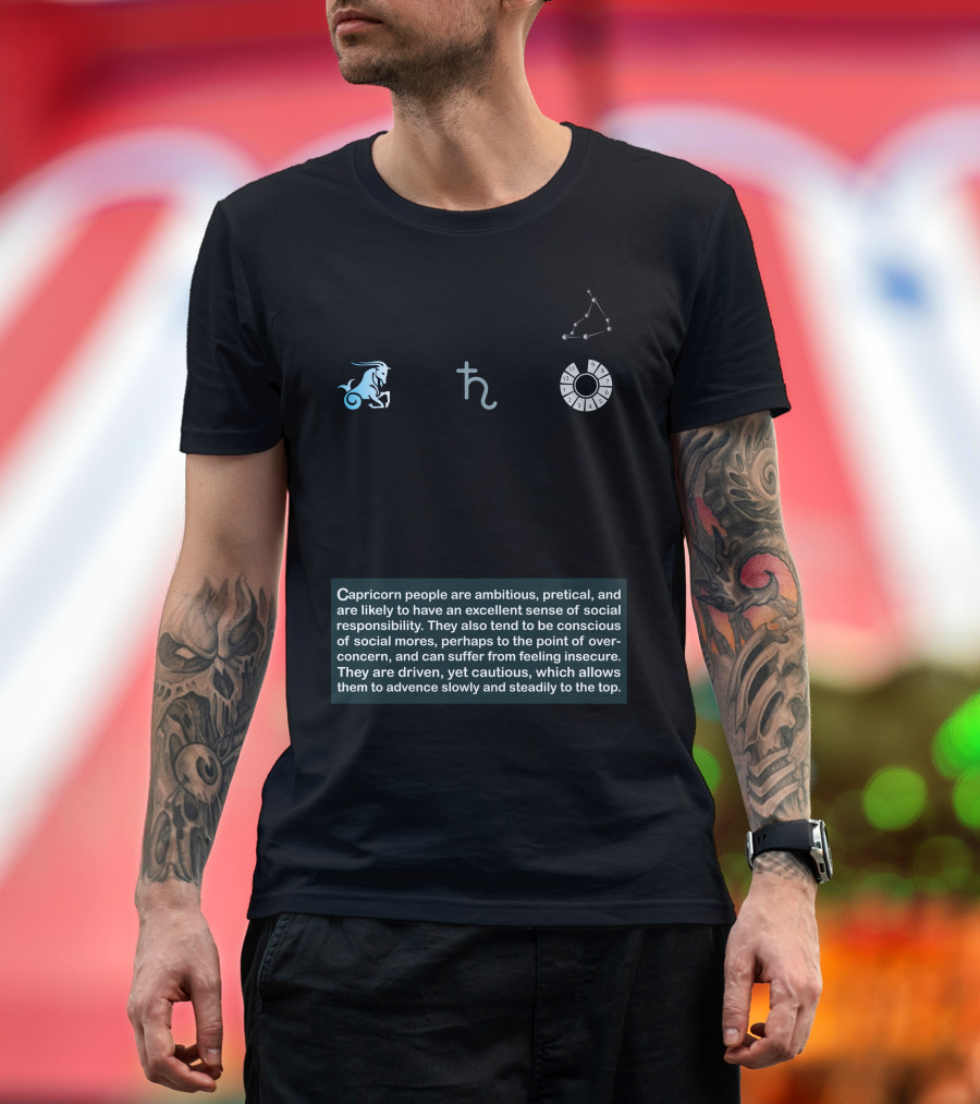 Capricorn Symbol Sea Goat Ruling Planet Saturn House Tenth Element Earth Mode Cardinal Keyword Achieve Ambitious Practical Social Responsible T-Shirt