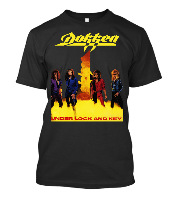 Dokken Under Lock And Key Album Cover Art Band Members Flame Background T-Shirt