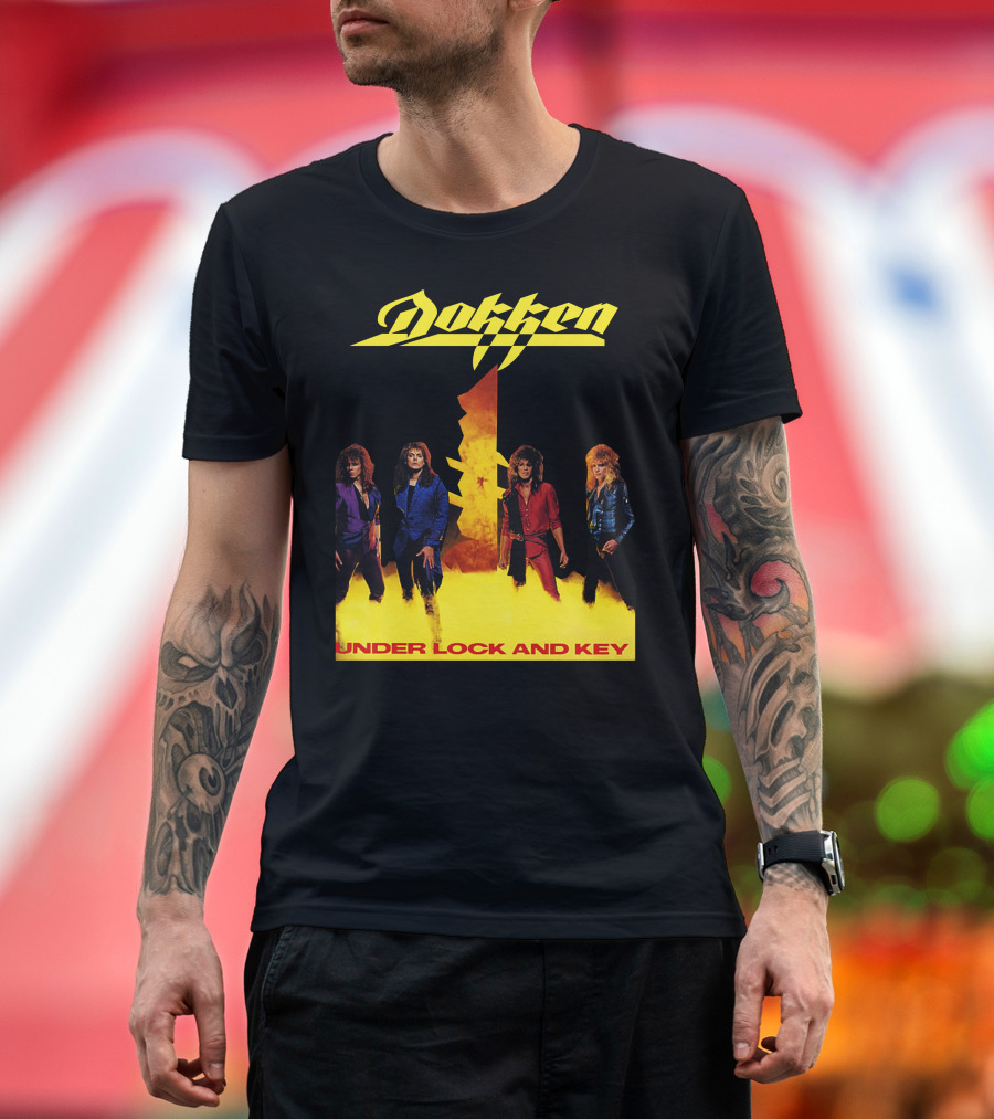 Dokken Under Lock And Key Album Cover Art Band Members Flame Background T-Shirt