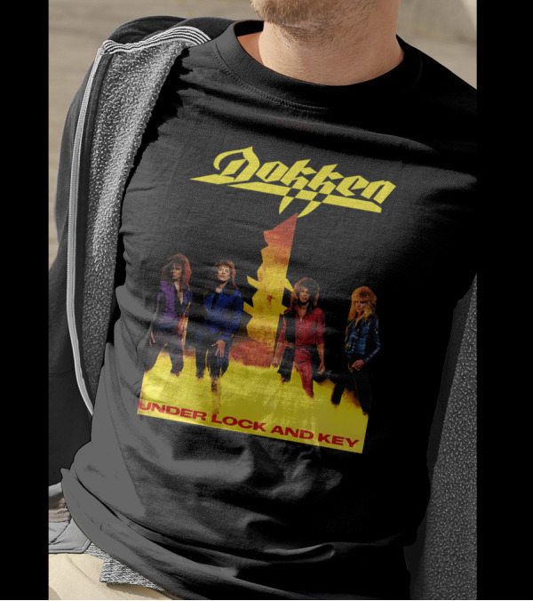 Dokken Under Lock And Key Album Cover Art Band Members Flame Background T-Shirt