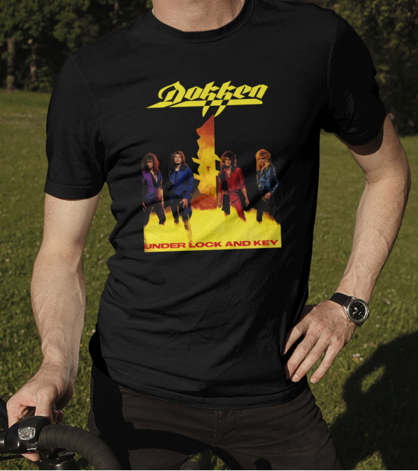 Dokken Under Lock And Key Album Cover Art Band Members Flame Background T-Shirt