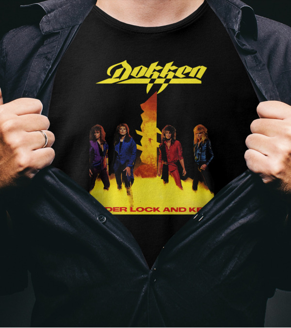 Dokken Under Lock And Key Album Cover Art Band Members Flame Background T-Shirt