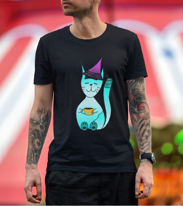 Premium T-Shirt: Witch Cat with Coffee Cup and Purple Hat T-Shirt Witch Cat with Coffee Cup and Purple Hat T-Shirt