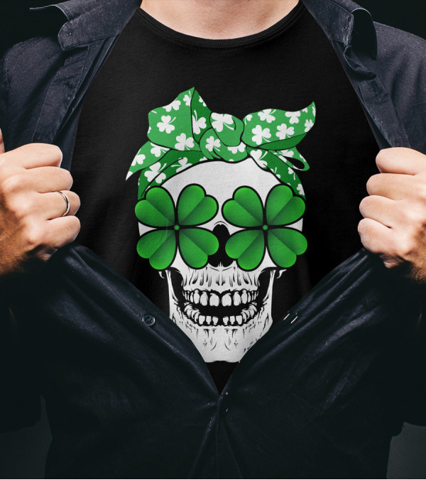 Clover Skull Bandana With Shamrock Glasses T-Shirt