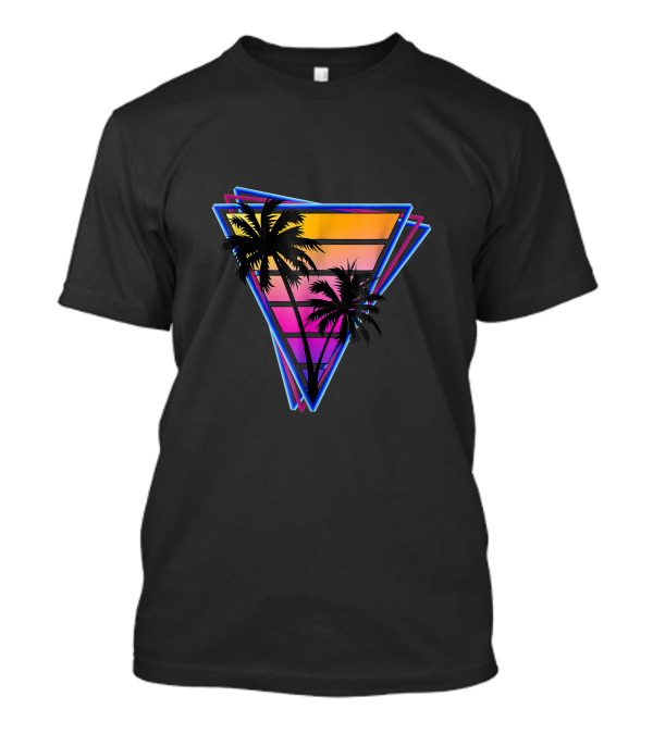 Retro Tropical Sunset Within Neon Triangle Layers T-Shirt