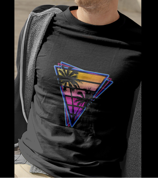Retro Tropical Sunset Within Neon Triangle Layers T-Shirt