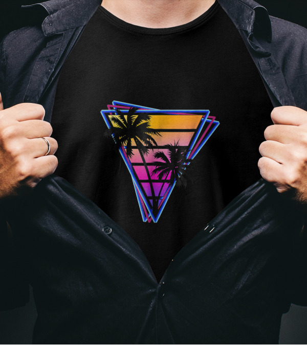 Retro Tropical Sunset Within Neon Triangle Layers T-Shirt