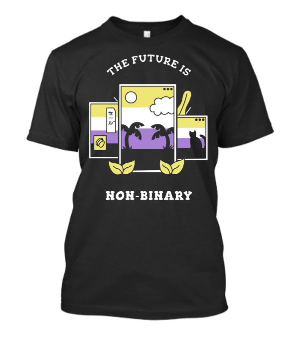 The Future Is Non Binary With Palm Trees And Cat In Neon Digital Landscape T-Shirt