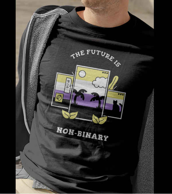 The Future Is Non Binary With Palm Trees And Cat In Neon Digital Landscape T-Shirt