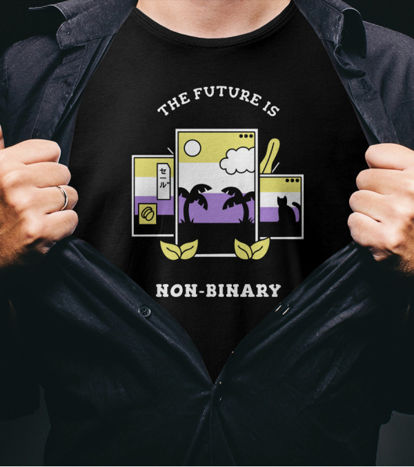 The Future Is Non Binary With Palm Trees And Cat In Neon Digital Landscape T-Shirt