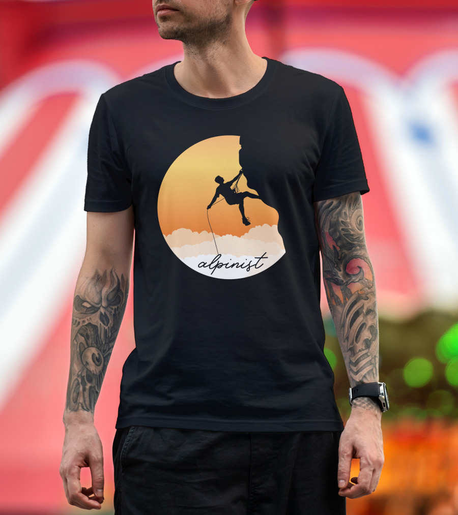 Alpinist Rock Climbing Silhouette at Sunset with Rope and Clouds T-Shirt