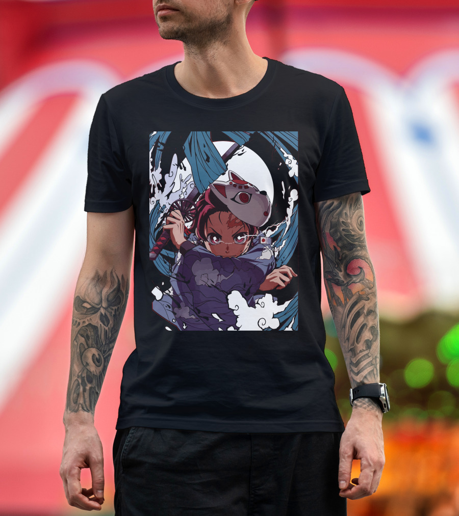 Animedemonslayer Masked Warrior Moonlit Battle Scene T-Shirt