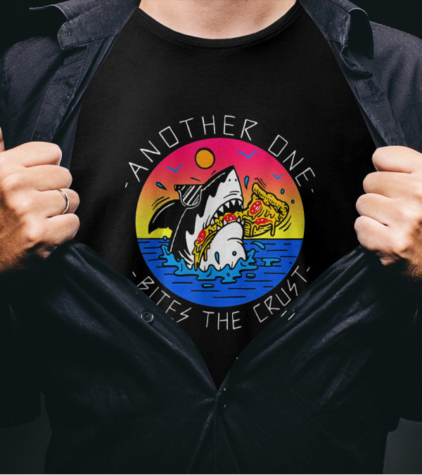 Another One Bites The Crust Shark Eating Pizza In Ocean Sunset T-Shirt