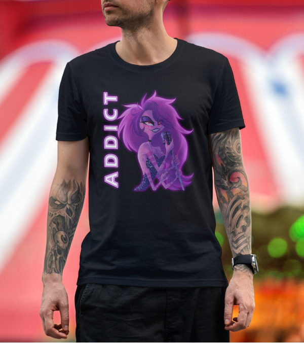 Premium T-Shirt: Angel Dust Addict Hazbin Hotel Character Microphone Glamorous Purple T-Shirt Angel Dust Addict Hazbin Hotel Character Microphone Glamorous Purple T-Shirt