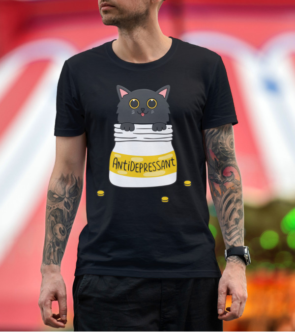 Premium T-Shirt: Antidepressant Cat in Pill Bottle with Big Eyes and Coins T-Shirt Antidepressant Cat in Pill Bottle with Big Eyes and Coins T-Shirt