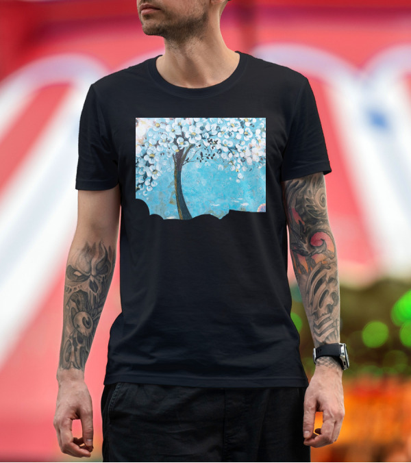 Premium T-Shirt: White Blossoms on Turquoise Abstract Tree T-Shirt White Blossoms on Turquoise Abstract Tree T-Shirt