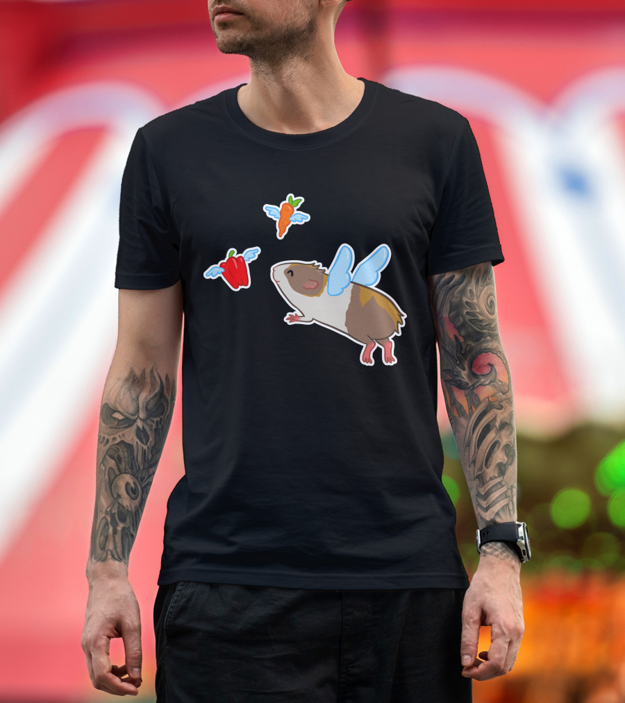 Guinea Pig with Wings Chasing Flying Carrot and Bell Pepper T-Shirt