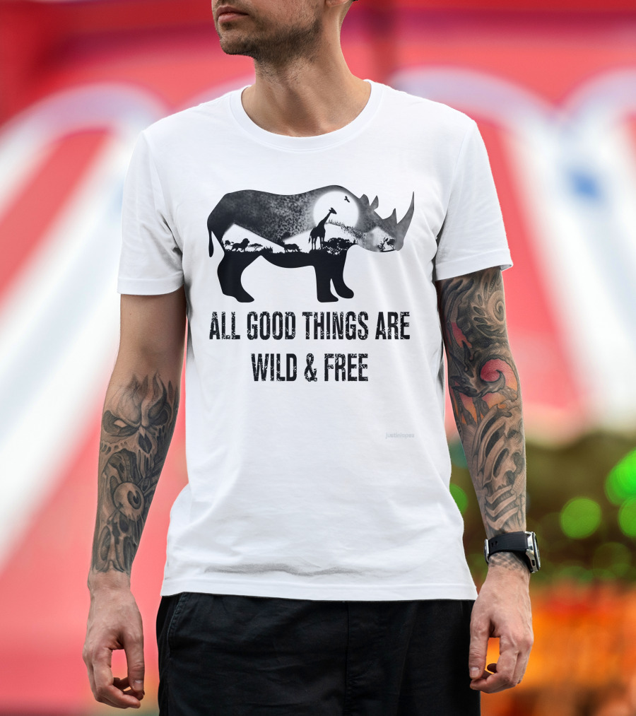 Rhoino All Good Things Are Wild and Free with Safari Animal Silhouette Scene T-Shirt