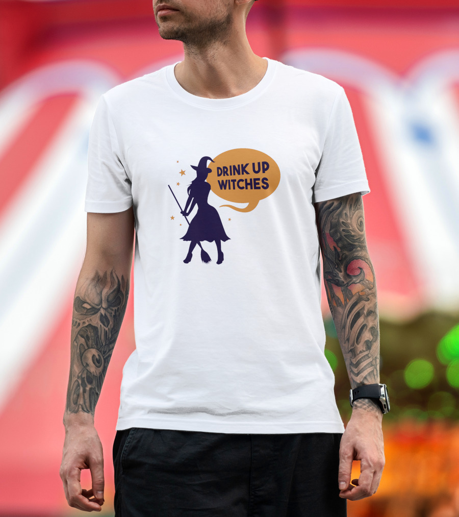 Drink Up Witches Halloween Silhouette with Broom and Stars T-Shirt