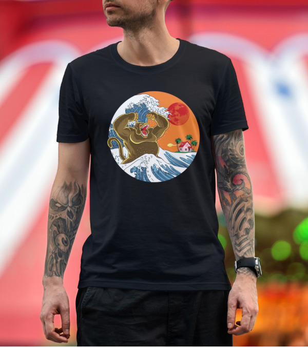 Premium T-Shirt: Great Monster from Kanagawa Wave with Island House and Red Sun T-Shirt Great Monster from Kanagawa Wave with Island House and Red Sun T-Shirt