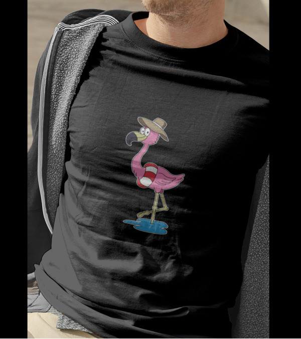 Happy Cute Pink Flamingo Wearing Hat With Beach Inflatable Ring T-Shirt