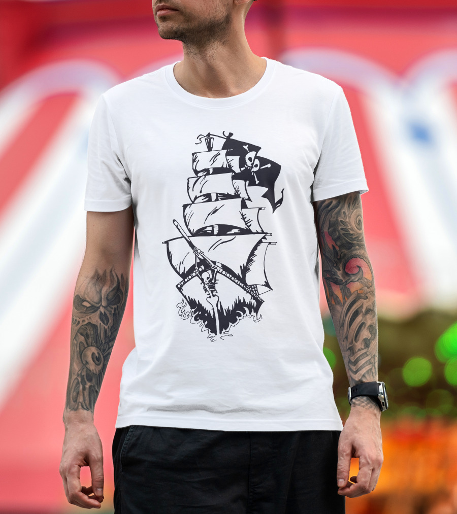 Pirate Ship with Skull and Crossbones Flag Sails T-Shirt