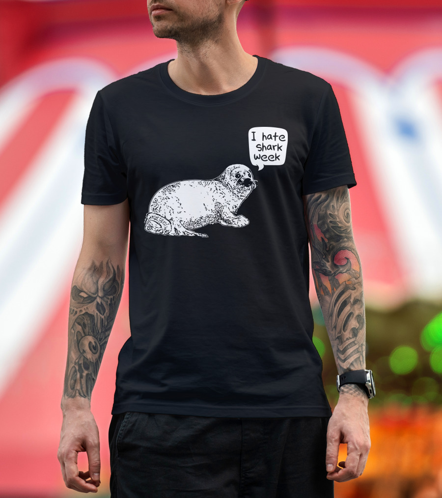 I Hate Shark Week Seal Sketch with Speech Bubble T-Shirt