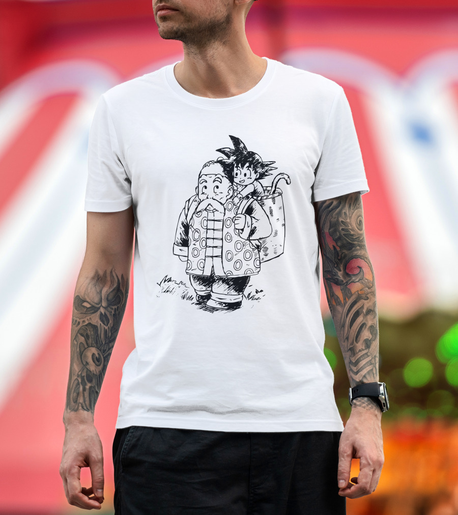 Dragon Ball Kid Goku with Grandpa Gohan Black and White Sketch T-Shirt