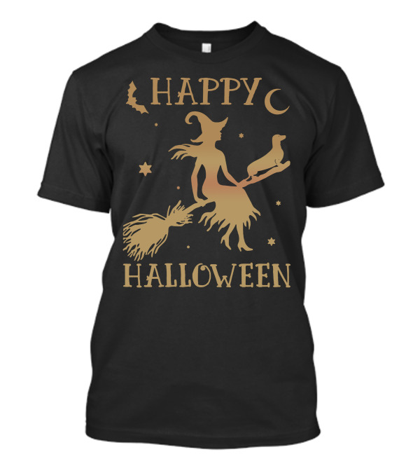 Happy Halloween Witch And Dog On Broom With Bat And Stars T-Shirt