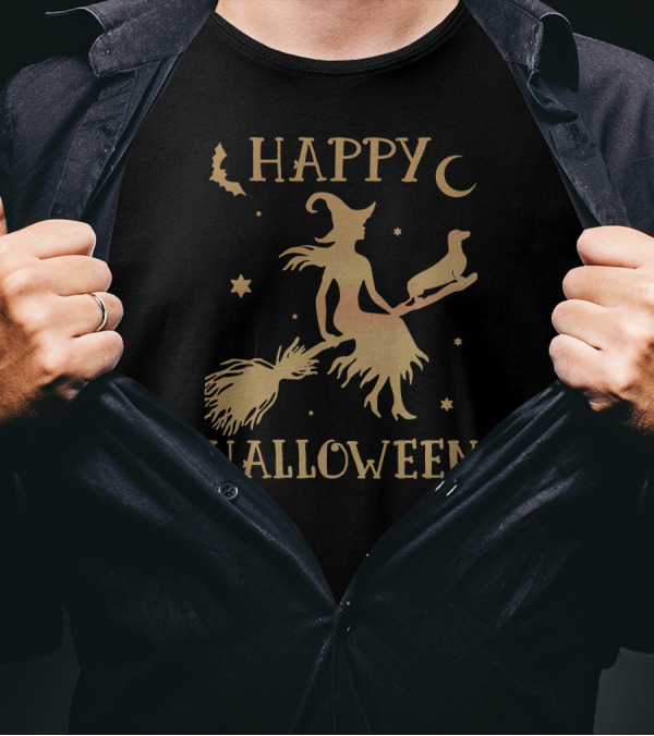 Happy Halloween Witch And Dog On Broom With Bat And Stars T-Shirt