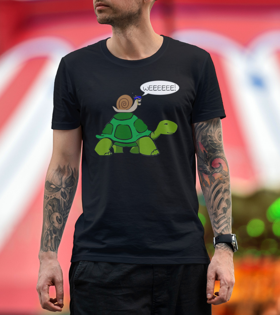 Snail Riding On Turtle Weeeee with Comic Speech Bubble and Playful Cartoon T-Shirt